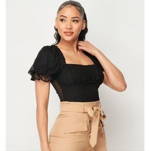 Black Swiss Dot Puff Sleeve Bodysuit | Chic Sheer Sleeve Top | Size M